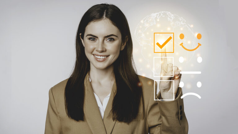 Young business woman checking on satisfaction checklist box